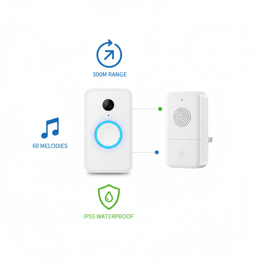 Sonnette Sans Fil WiFi Intelligente — 300M, 60 Mélodies, Étanche IP55